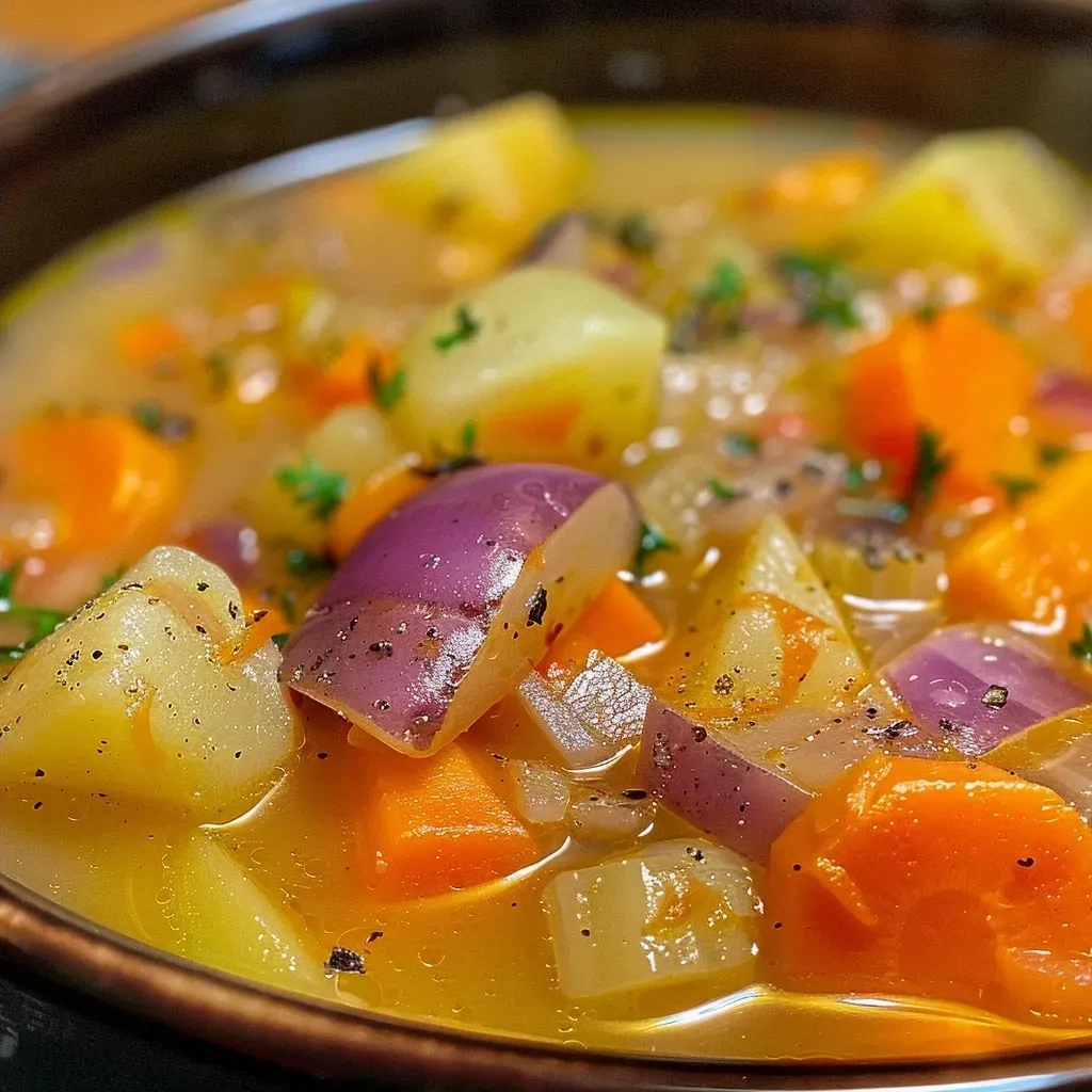 ['Close-up view of a bowl of vibrant Winter Root Vegetable Soup with assorted vegetables visible.', 'Side view of a hearty Winter Root Vegetable Soup featuring carrots, parsnips, and potatoes.', 'A rich, steaming bowl of Winter Root Vegetable Soup showcasing a mixture of colorful root vegetables.', 'Close-up of a delicious Winter Root Vegetable Soup, highlighting the ingredients and textures.']