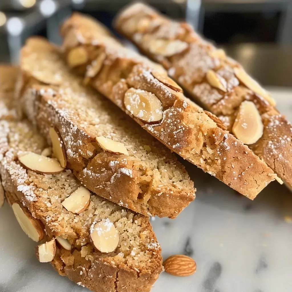 Side view of a rustic almond biscotti, highlighting whole almonds and a dusting of sugar.
