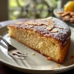 Side view of a slice of soft almond cake topped with sliced almonds and dusted with powdered sugar.