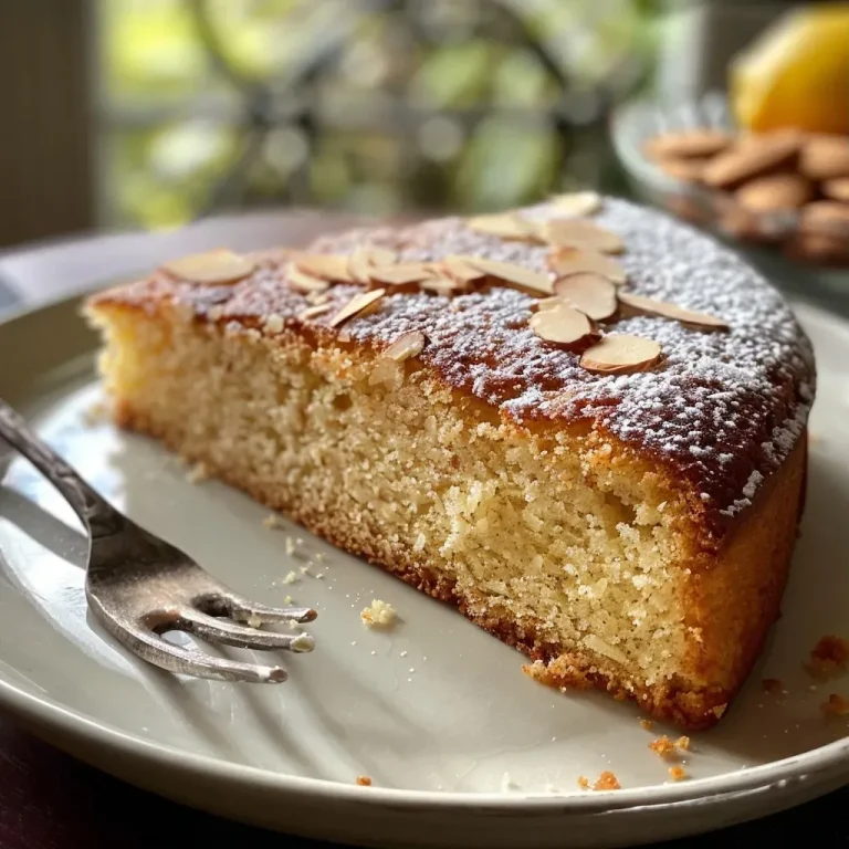 Side view of a slice of soft almond cake topped with sliced almonds and dusted with powdered sugar.