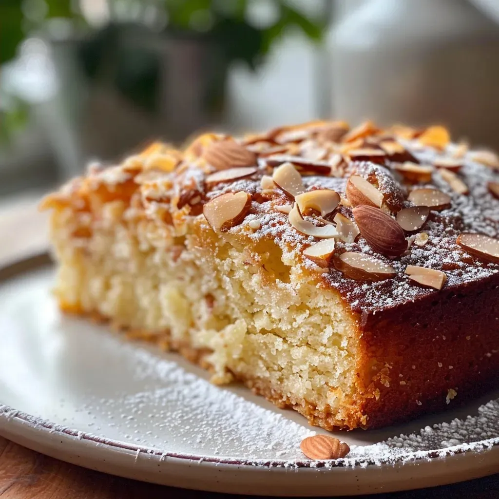 Close-up image of a flourless almond cake showcasing its moist texture and lemon zest.