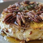 Close-up view of a baked Brie cheese topped with maple syrup and pecans.