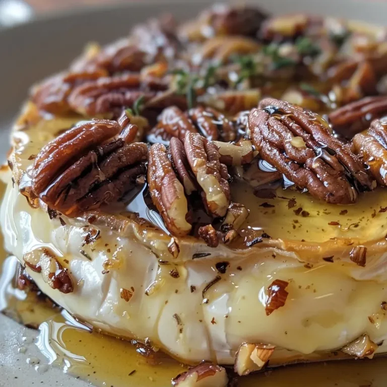 The Sweet Symphony of Maple and Pecans: A Baked Brie Adventure Close-up view of a baked Brie cheese topped with maple syrup and pecans.