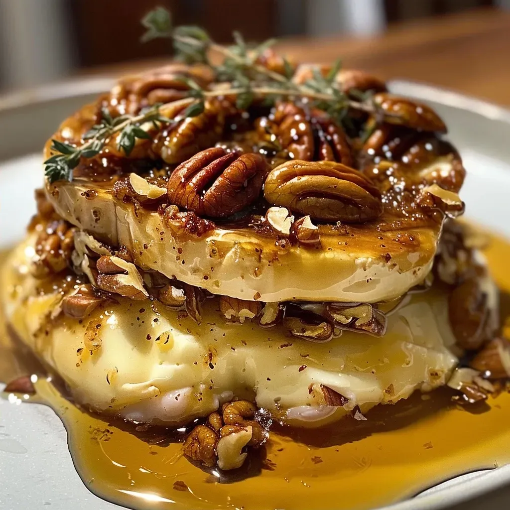 Side angle of a melting baked Brie with brown sugar and pecans.