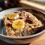 Close-up of a slice of banana bread baked oatmeal topped with walnuts.