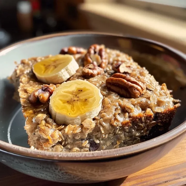 A Slice of Home: Discovering Comfort in Banana Bread Baked Oatmeal Close-up of a slice of banana bread baked oatmeal topped with walnuts.