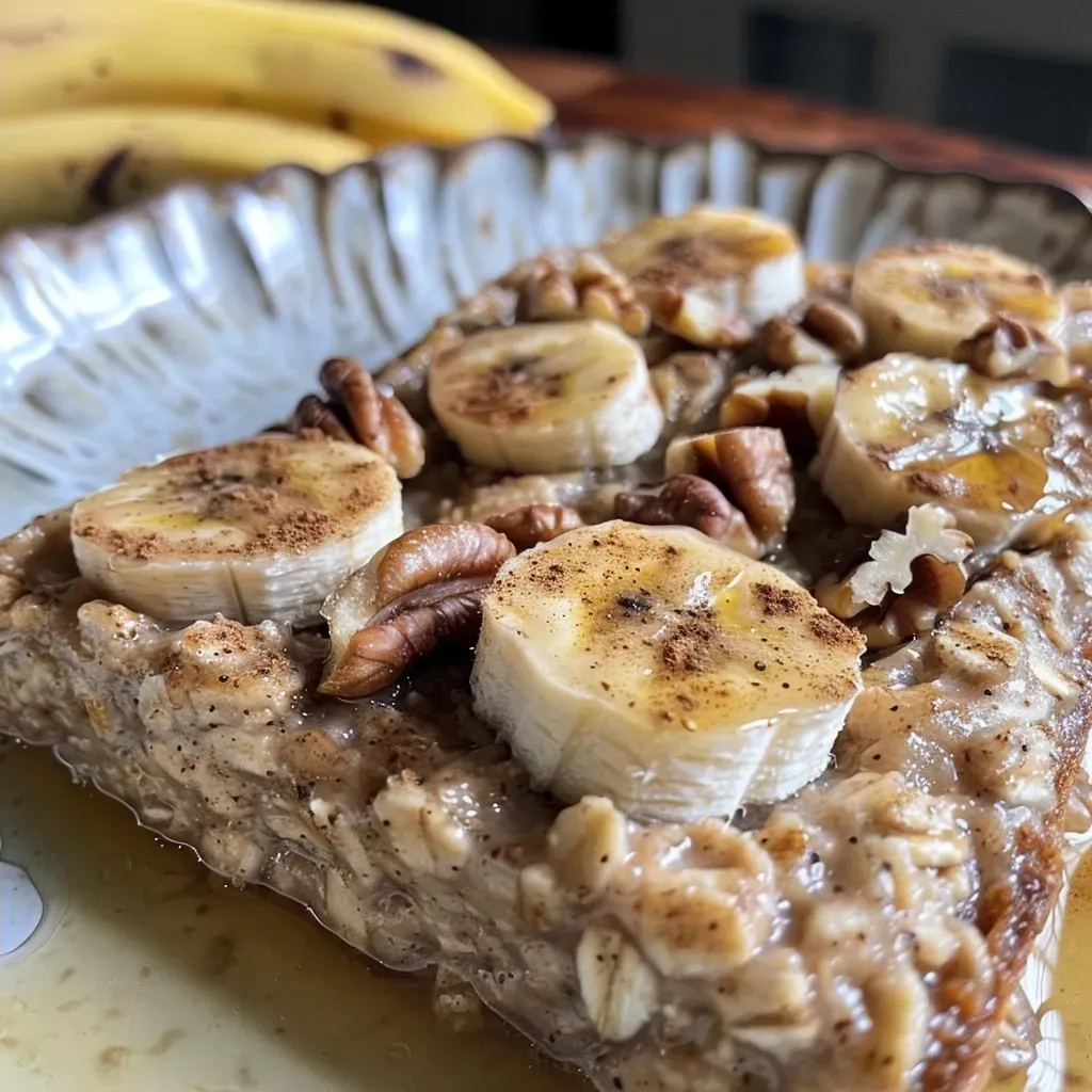 Side view of a warm delicious banana bread baked oatmeal in a bowl.