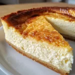 A close-up side view of a creamy Basque Burnt Cheesecake with a caramelized top.