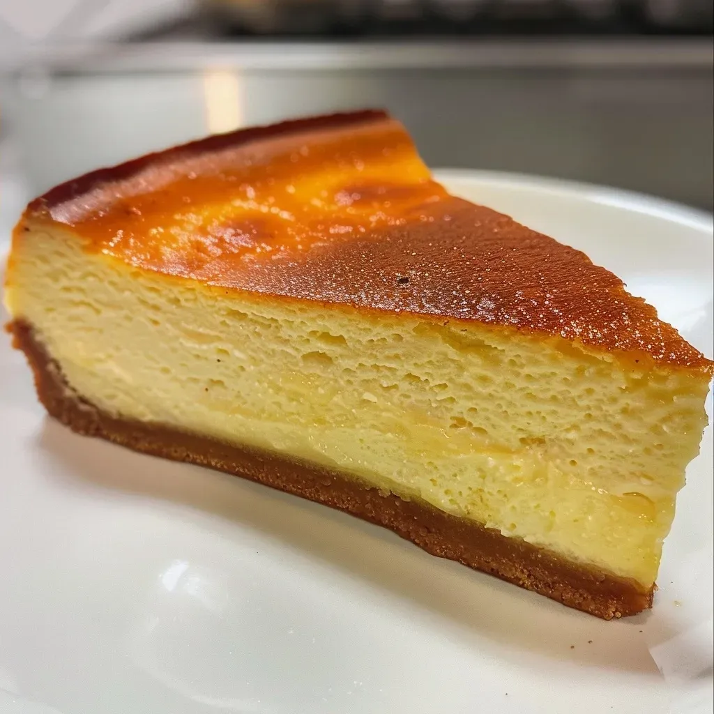 A slice of Basque Burnt Cheesecake showcasing its rich texture and dark golden crust.