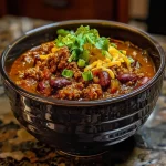 Close-up view of a bowl of chili topped with cheese, avocado, and onions.