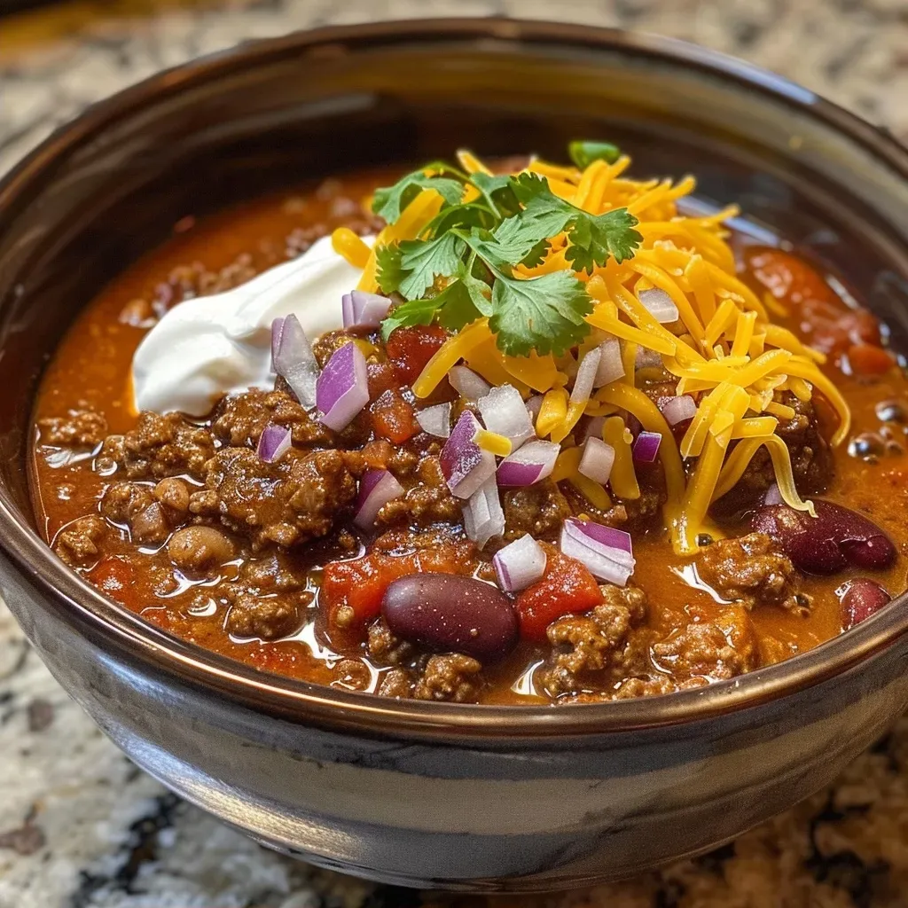 A steaming bowl of hearty chili with vibrant toppings, captured from the side.