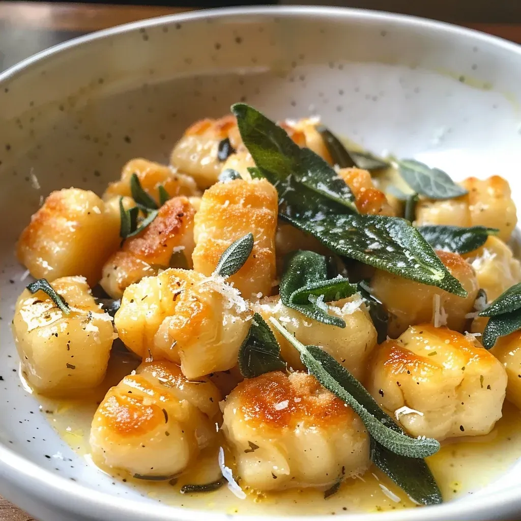 Side view of delicious brown butter sage gnocchi, garnished with parmesan.