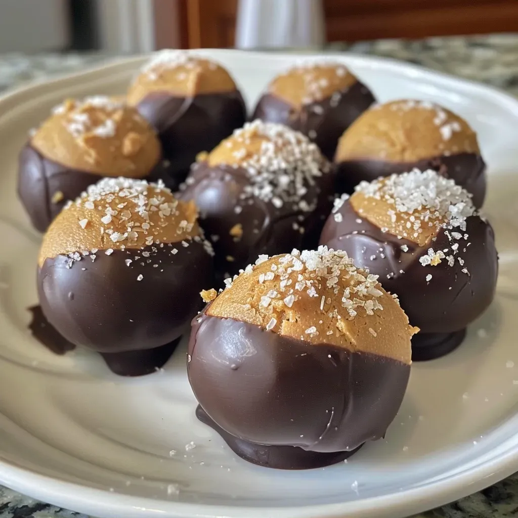 Side view of homemade Buckeyes with a glossy chocolate finish.