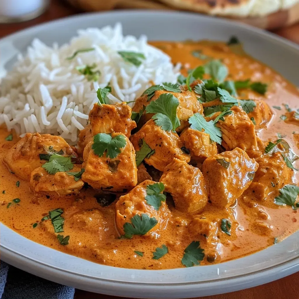 Side view of Butter Chicken with creamy sauce and bite-sized chicken pieces.