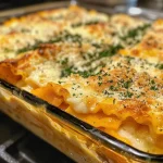 Close-up view of Butternut Squash Ravioli Lasagna topped with melted cheese.