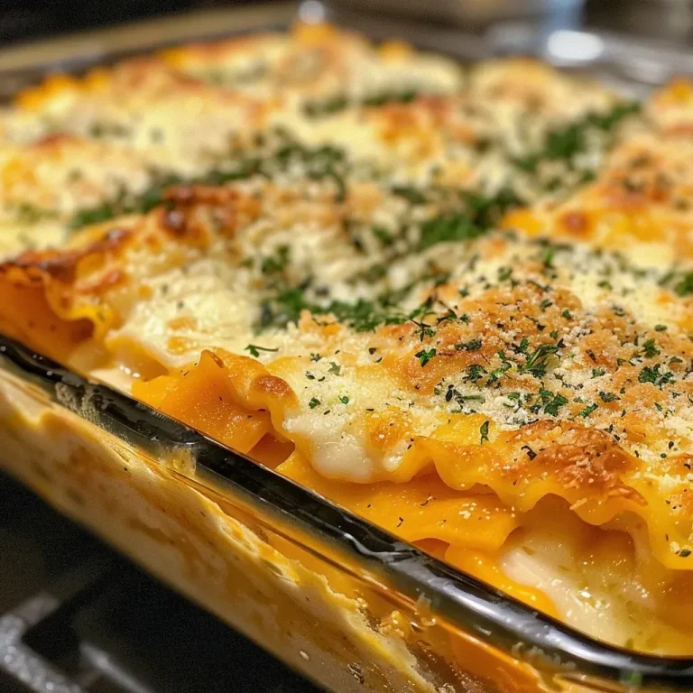 Unraveling Comfort: The Cozy Layers of Butternut Squash Ravioli Lasagna Close-up view of Butternut Squash Ravioli Lasagna topped with melted cheese.