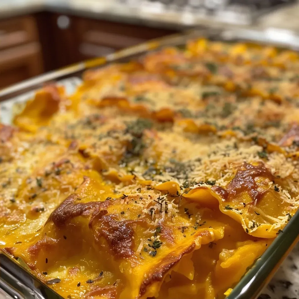 Side view of a delicious, layered ravioli lasagna featuring butternut squash.