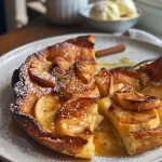 Close-up of a caramelised apple and cinnamon Dutch baby pancake with a golden-brown crust.
