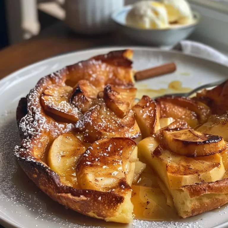 Close-up of a caramelised apple and cinnamon Dutch baby pancake with a golden-brown crust.