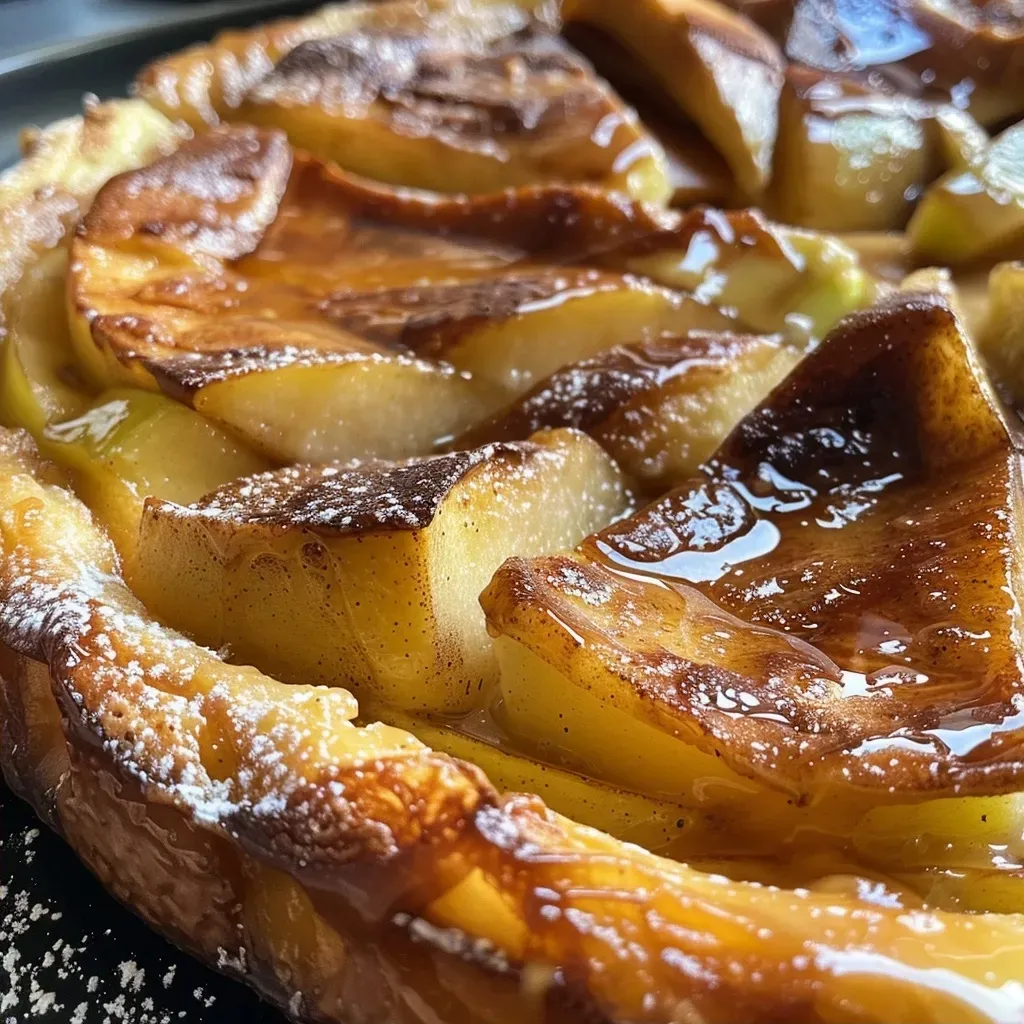 Side view of a fluffy Dutch baby topped with sliced apples and a dusting of cinnamon.