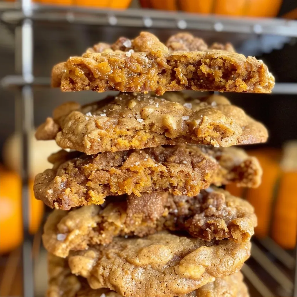 Side view showing several chewy pumpkin cookies arranged on a plate.