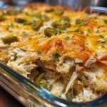 Close-up view of a creamy chicken casserole with green chiles, showcasing melted cheese on top.