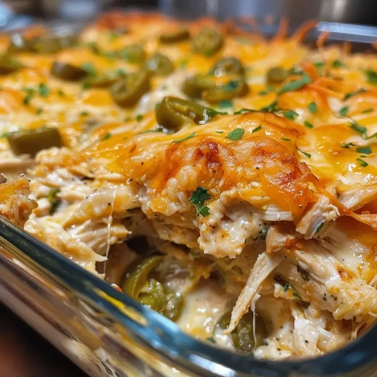 Close-up view of a creamy chicken casserole with green chiles, showcasing melted cheese on top.
