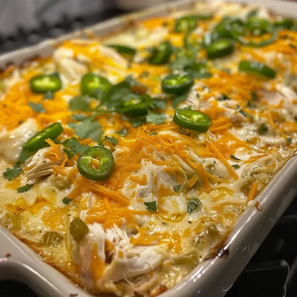 Side shot of a hearty chicken casserole, highlighting the texture of the melted cheese and green chiles.
