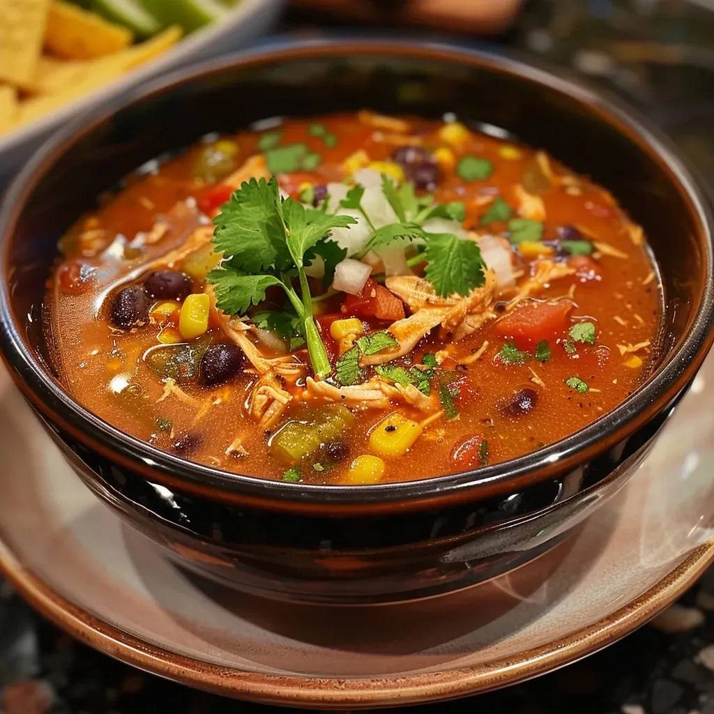Side view of Chicken Tortilla Soup garnished with cilantro and lime.
