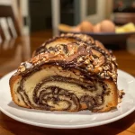 A side view of a freshly baked Chocolate Hazelnut Babka with rich chocolate swirls.