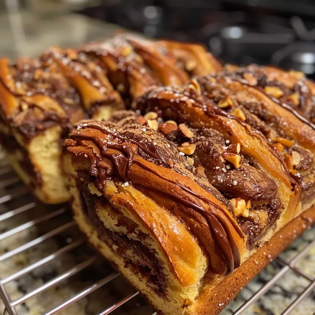 Close-up of a Chocolate Hazelnut Babka showcasing its golden-brown crust and gooey filling.