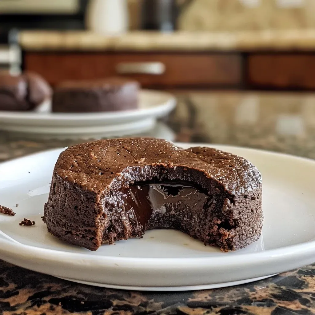 A decadent chocolate lava cake with a rich, gooey interior, captured from a side angle.