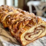 Close-up view of a golden-brown Cinnamon Babka with thick swirls of cinnamon filling.