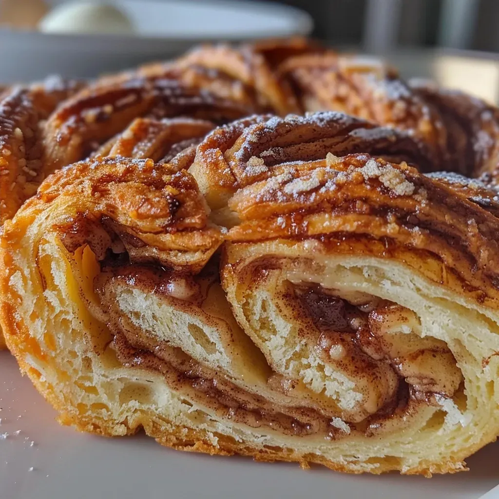 Side view of a Cinnamon Babka showcasing its flaky, textured layers and rich cinnamon color.