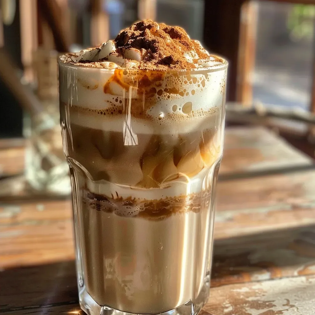 Side view of an iced coffee topped with frothy cinnamon brown sugar cold foam.