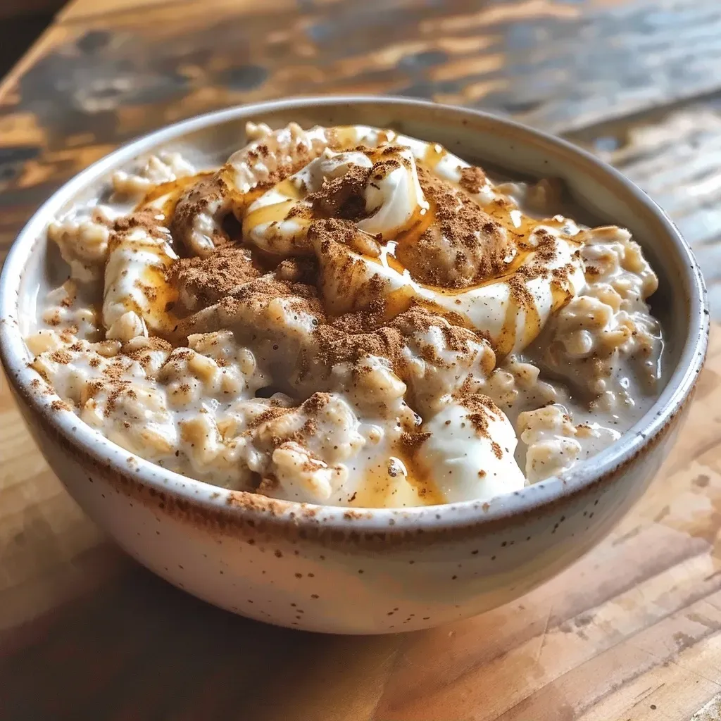 Delicious cinnamon roll overnight oats with a dollop of cream cheese frosting, captured in a side profile.
