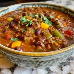 A close-up view of a hearty bowl of classic chili, with visible kidney and pinto beans, diced vegetables, and ground beef.