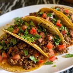 Close-up view of juicy ground beef tacos filled with vibrant toppings.