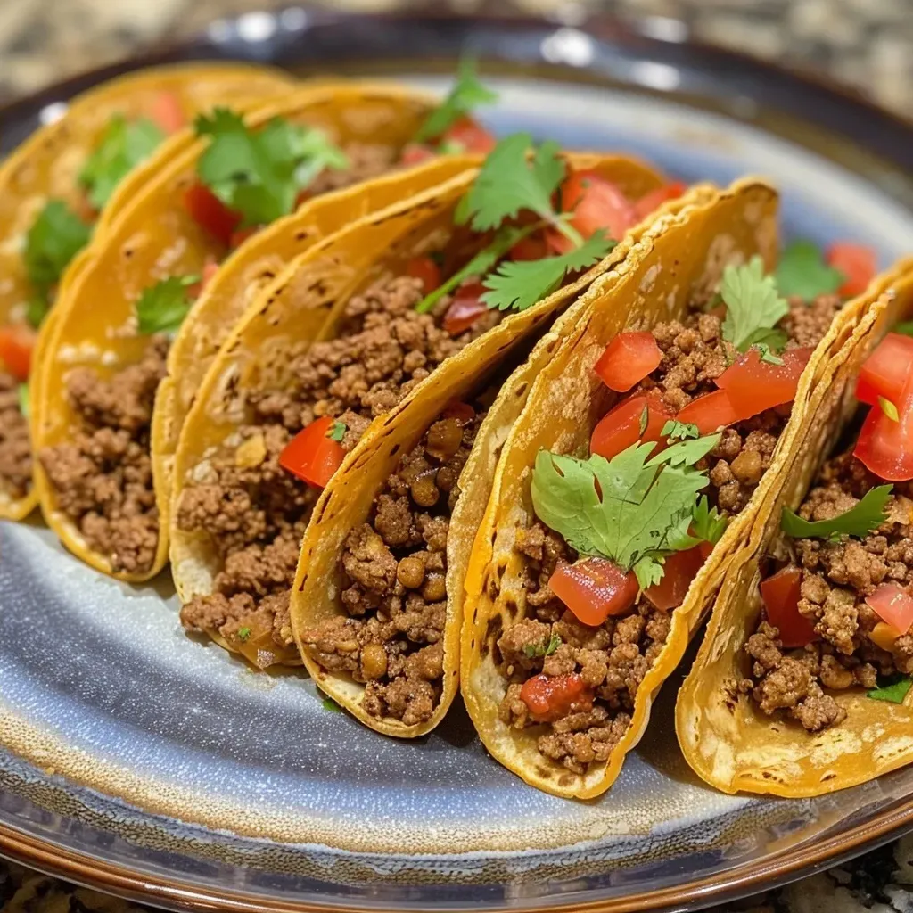 Side view of classic ground beef tacos garnished with fresh ingredients.