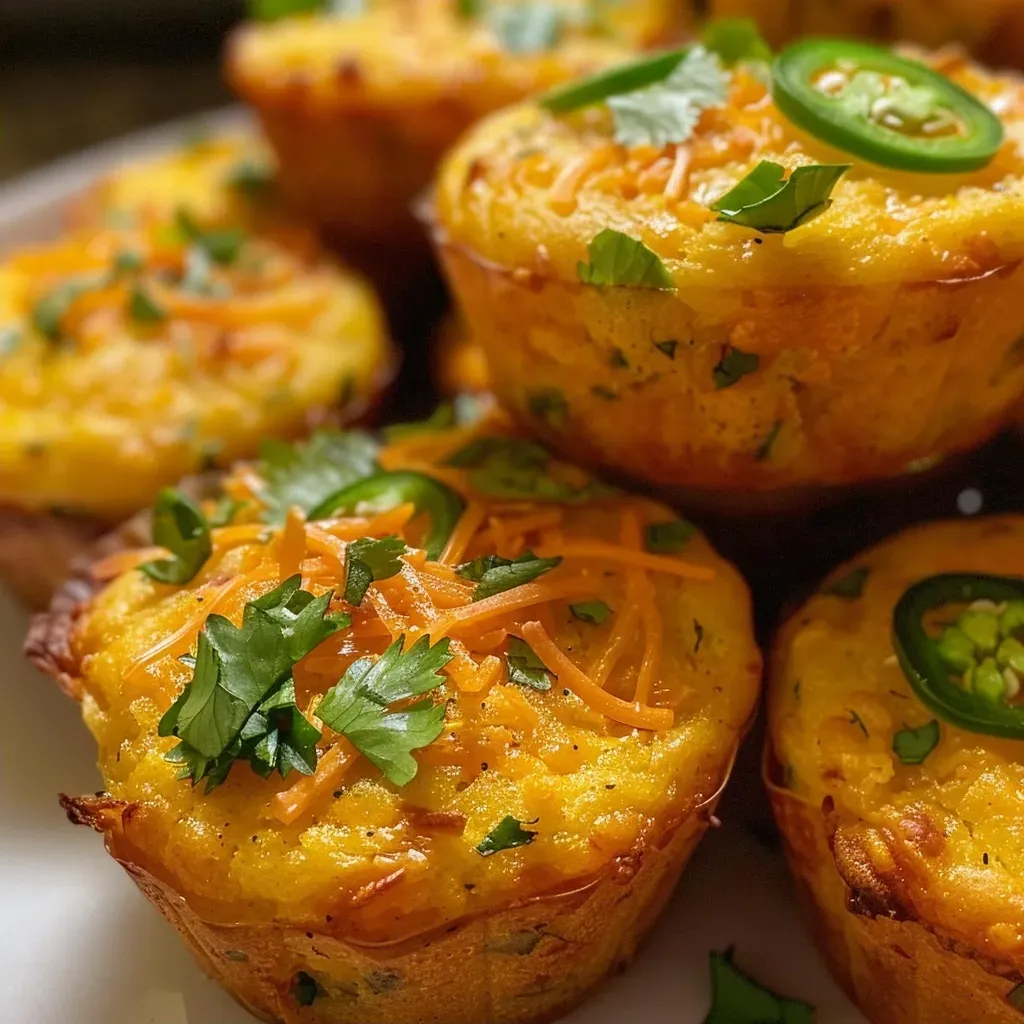 Side view of moist cornbread muffins, featuring bits of jalapeño and cheese, set on a rustic wooden table.