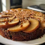 Close-up side view of a moist caramel pear upside-down gingerbread cake with glistening caramel on top.