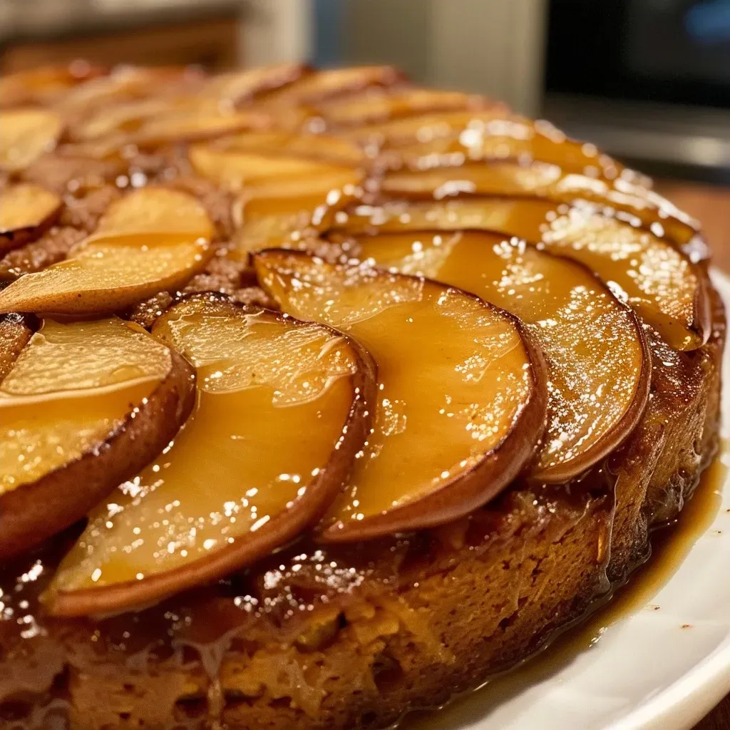 A beautifully presented slice of gingerbread cake with caramelized pears, showcasing its rich texture and color.