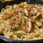 Close-up side view of creamy Cajun chicken pasta with sliced chicken and herbs.