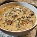 Close-up view of creamy mushroom soup in a bowl, with visible mushroom pieces and herbs.