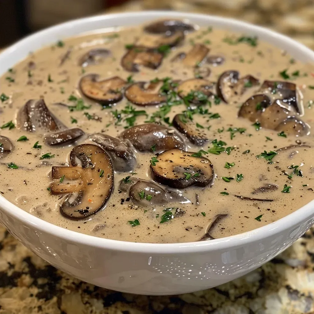 Side shot of a steaming bowl of creamy mushroom soup, showcasing its rich texture and garnishes.
