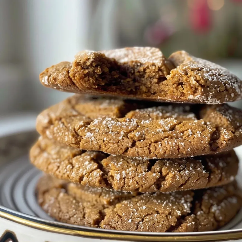 Side angle shot of freshly baked crinkle gingerbread cookies dusted with icing sugar.