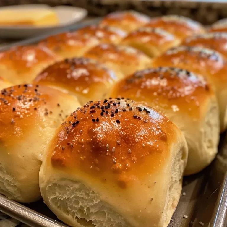 Close-up of golden, soft dinner rolls arranged on a plate.