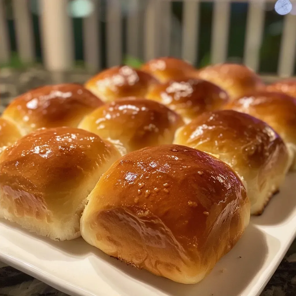 Side view of freshly baked dinner rolls with a glossy finish.