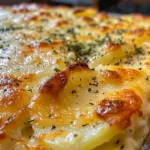 Close-up of cheesy scalloped potatoes layered in a dish, showing melted cheese and crispy edges.