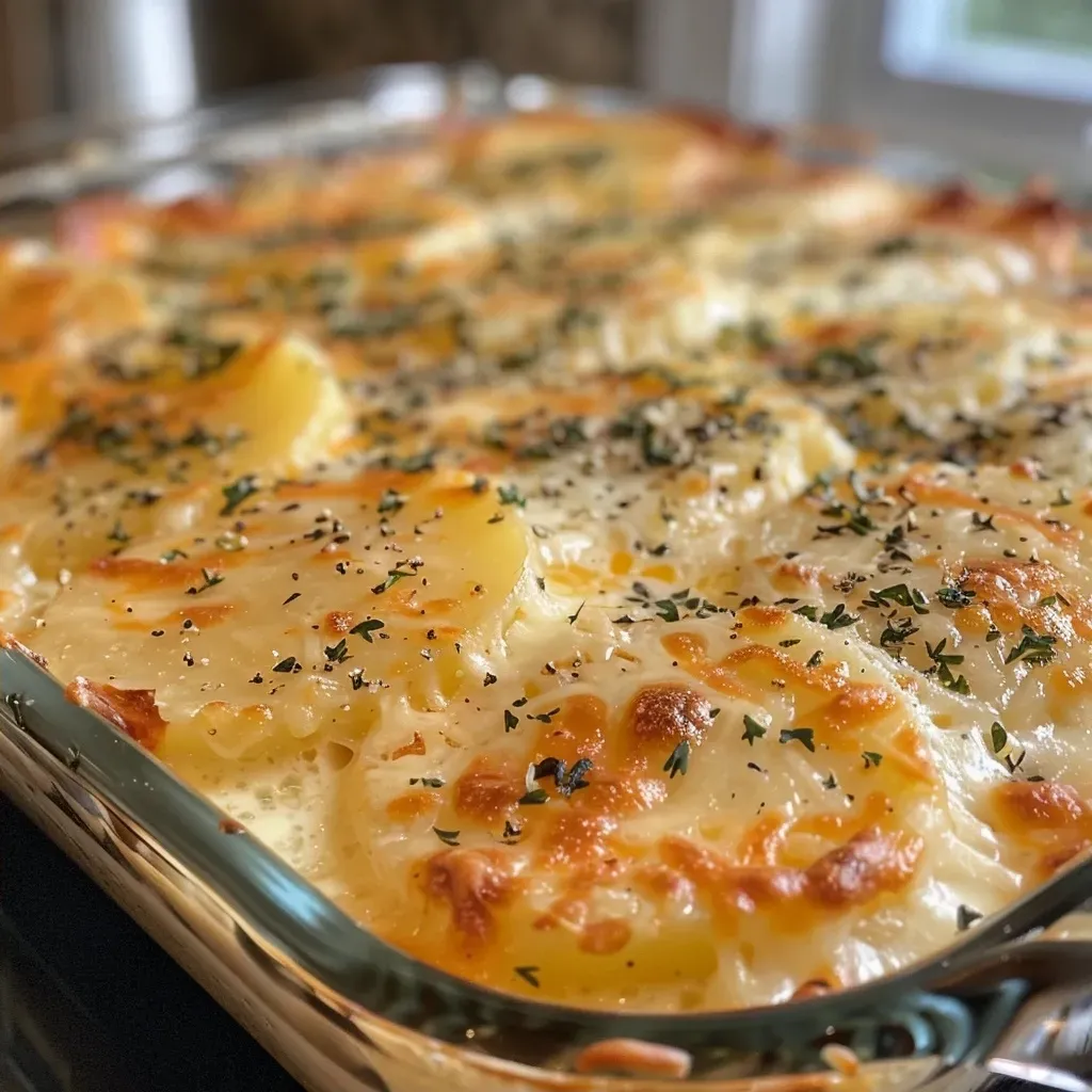 Side view of creamy scalloped potatoes with a golden brown cheese topping, garnished with herbs.
